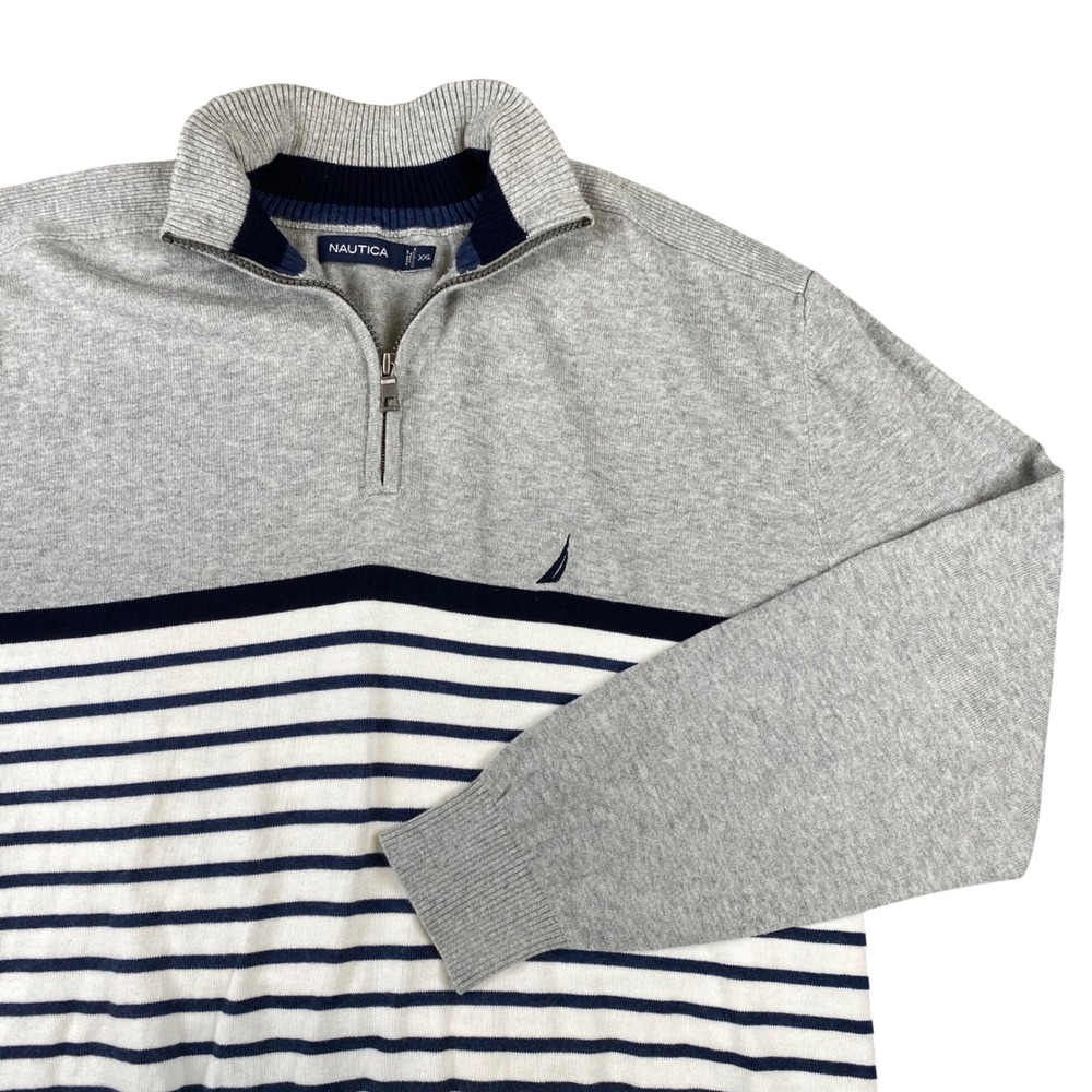 Nautica Mens XXL Quarter Zip Sweater Gray Navy Stripe Cotton Pullover S23103